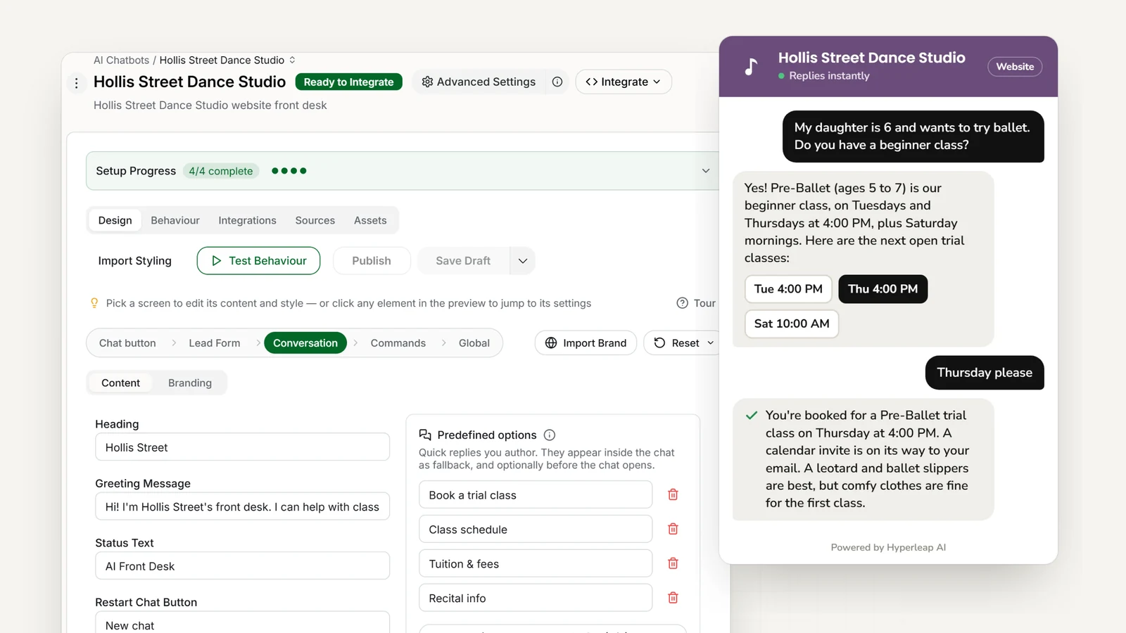 A dance studio's AI front desk in Hyperleap AI: the editor with the studio's quick replies, and the website chat answering a beginner ballet question and booking a trial class