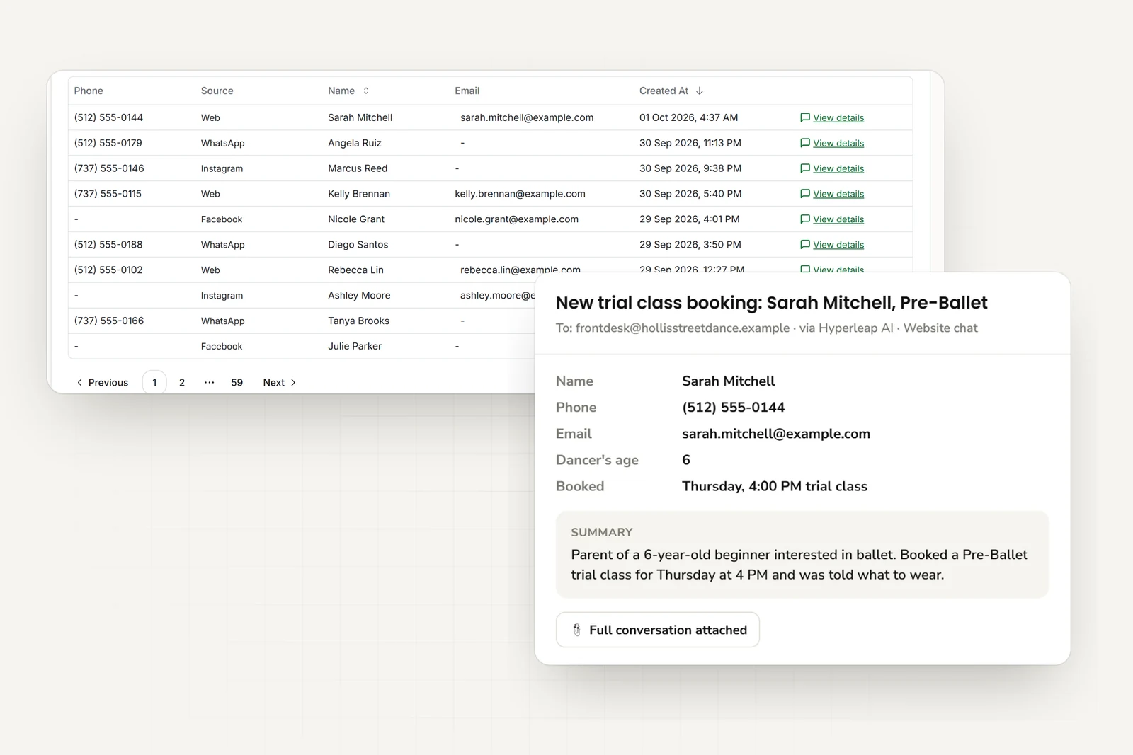 New-student inquiries from website, WhatsApp, Instagram, and Facebook, and the email the studio receives with the parent's contact details, the dancer's age, the booked trial class, and a short summary