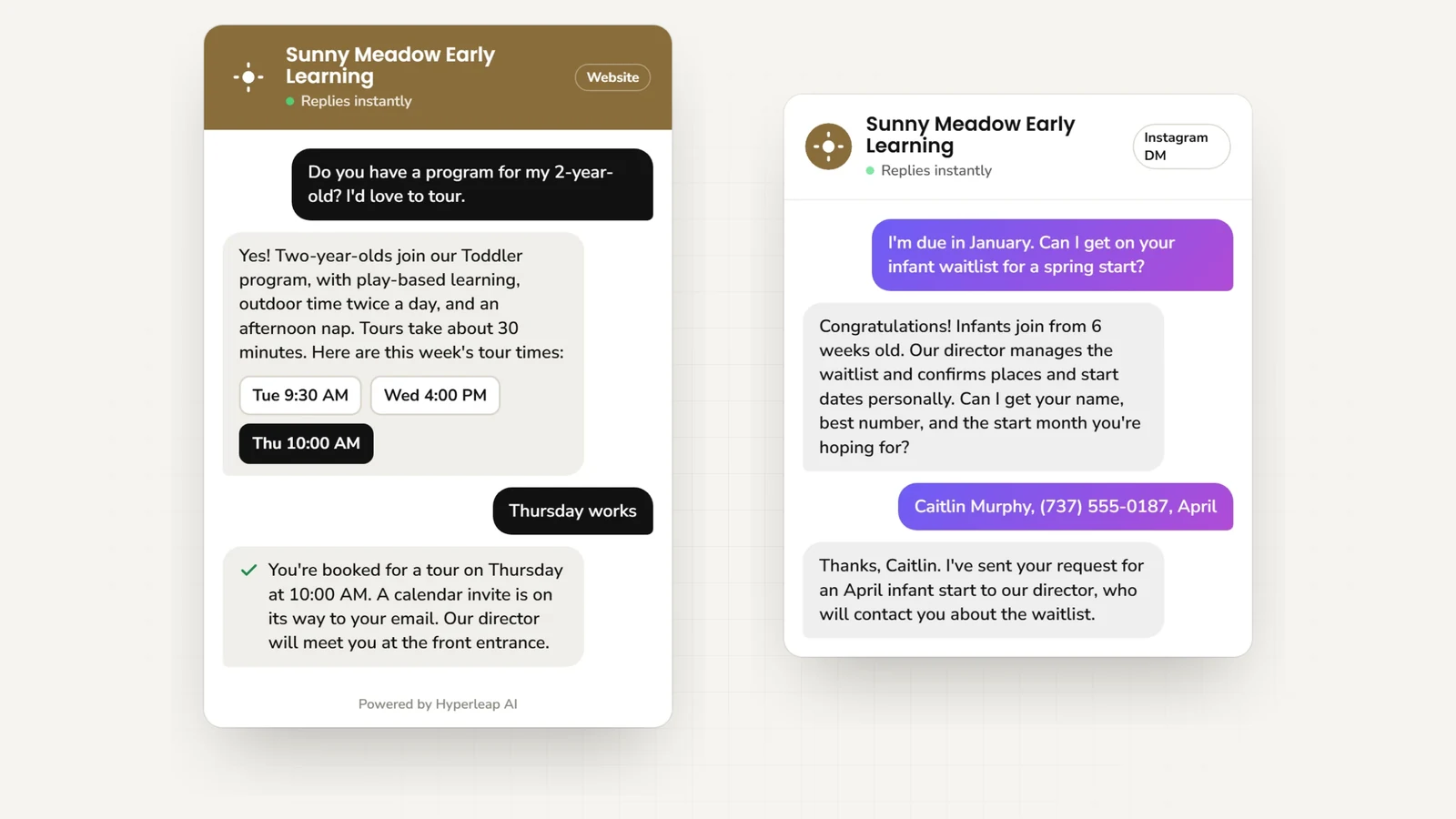 Two example conversations: on the website a parent asks about a program for a 2-year-old and books a center tour; on Instagram DM an expecting parent asks to join the infant waitlist and the request is passed to the director