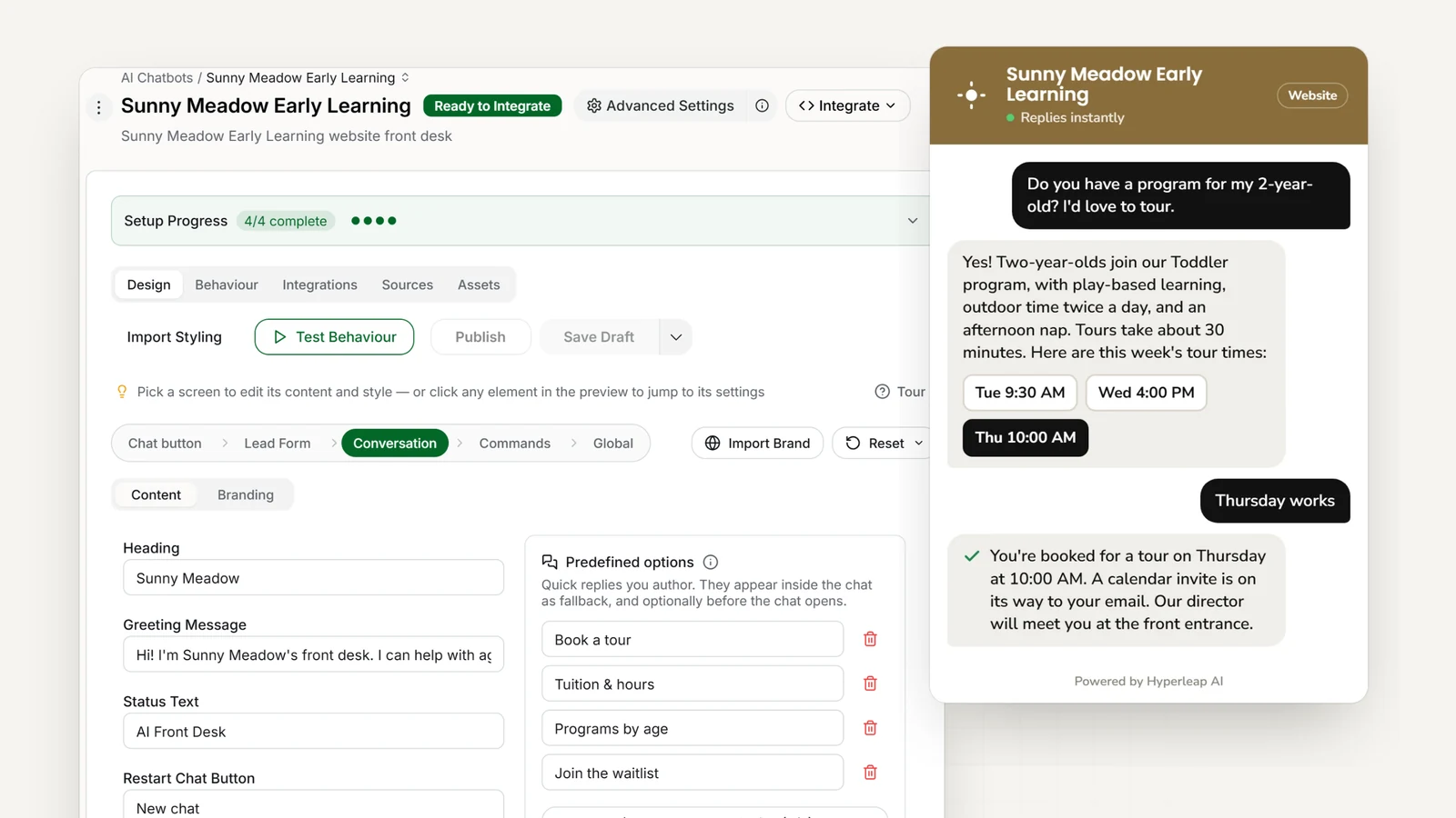 A childcare center's AI front desk in Hyperleap AI: the editor with the center's quick replies, and the website chat explaining the Toddler program to a parent and booking a center tour