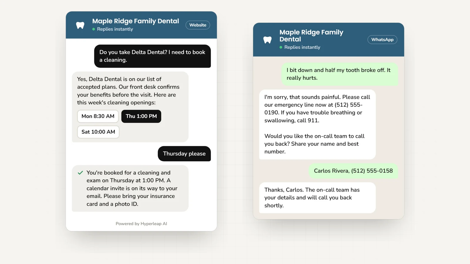 Two example conversations: on the website a patient asks about Delta Dental and books a cleaning; on WhatsApp a patient with a broken, painful tooth is given the emergency line and offered a call back from the on-call team