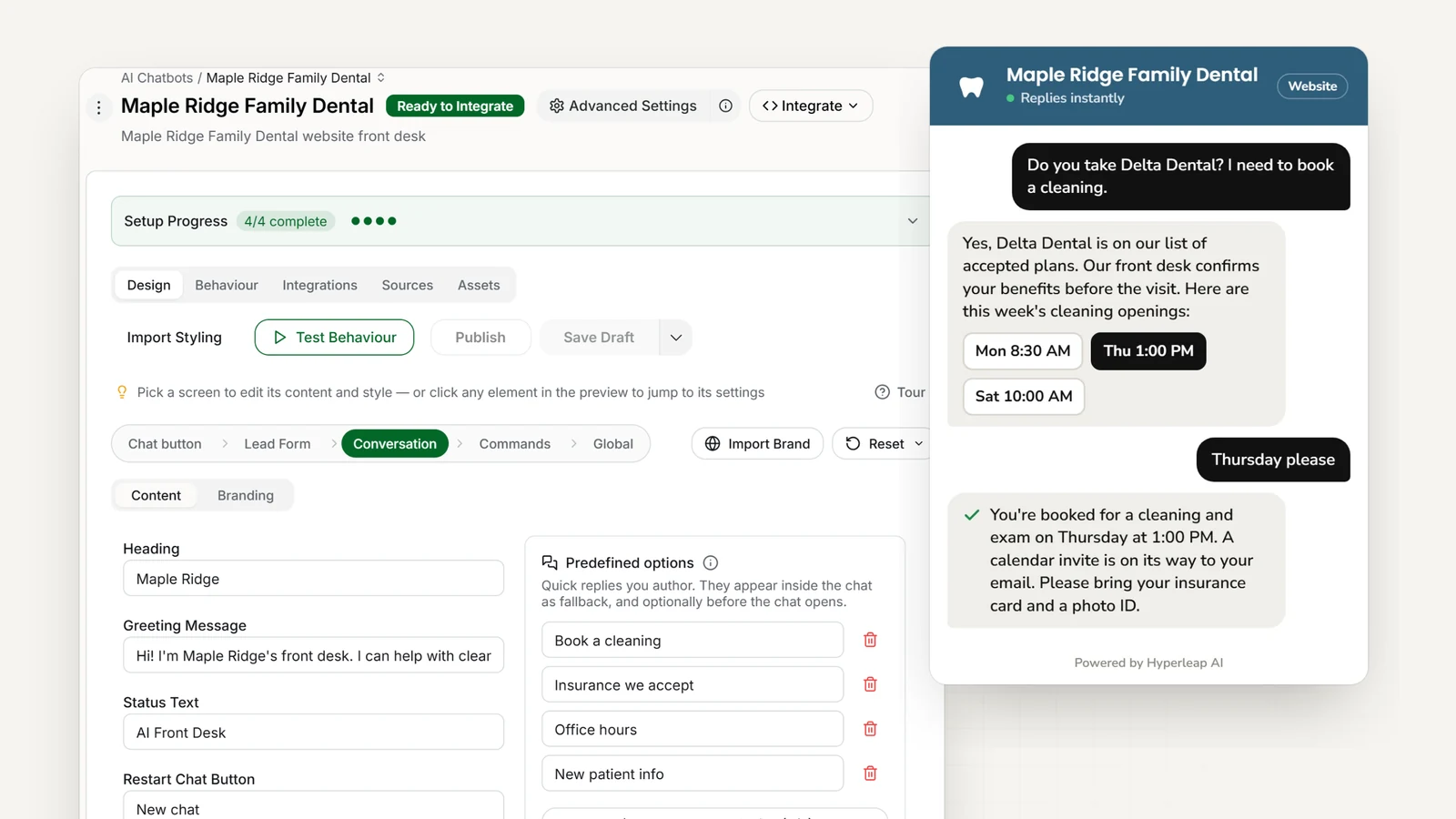 A dental practice's AI front desk in Hyperleap AI: the editor with the practice's quick replies, and the website chat answering a Delta Dental question and booking a cleaning