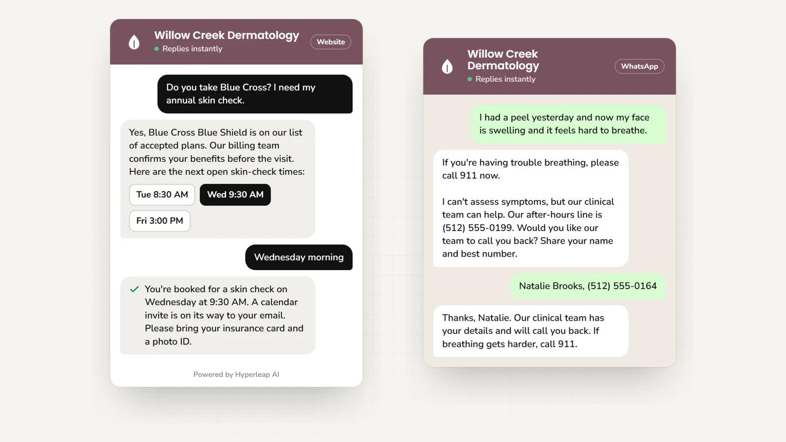Two example conversations: on the website a patient asks whether Blue Cross is accepted and books an annual skin check; on WhatsApp a patient with swelling and trouble breathing after a peel is told to call 911 first, given the after-hours line, and offered a call back