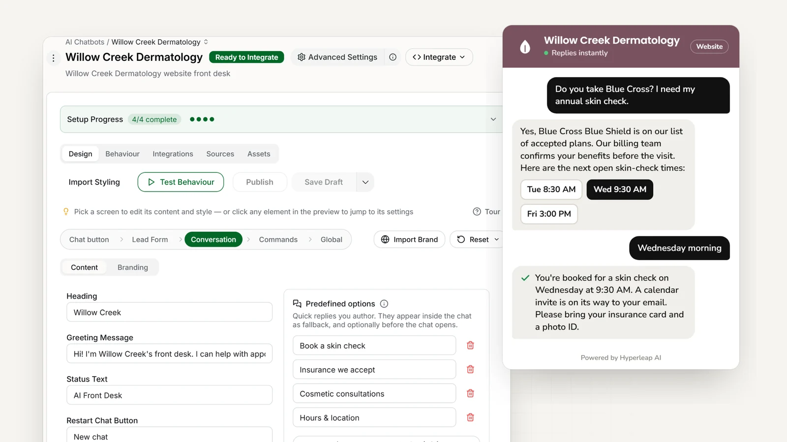 A dermatology practice's AI front desk in Hyperleap AI: the editor with the practice's quick replies, and the website chat answering an insurance question and booking an annual skin check
