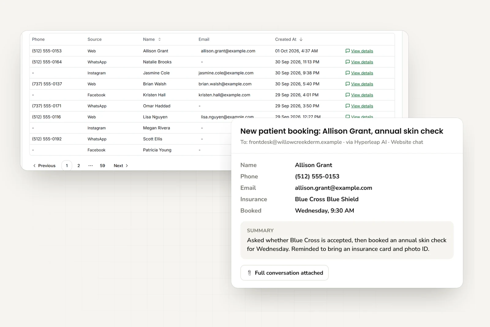 Patient inquiries from website, WhatsApp, Instagram, and Facebook, and the email the front desk receives with contact details, insurance, booked time, and a short summary