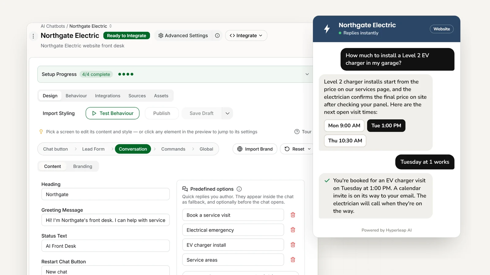 An electrical contractor's AI front desk in Hyperleap AI: the editor with the company's quick replies, and the website chat answering an EV charger installation question and booking the visit