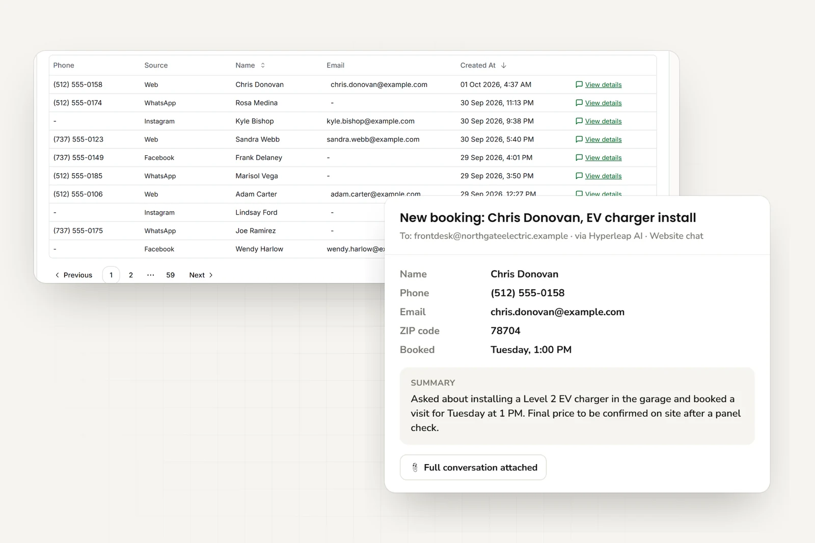 Service requests from website, WhatsApp, Instagram, and Facebook, and the email the office receives with contact details, ZIP code, booked visit time, and a short summary