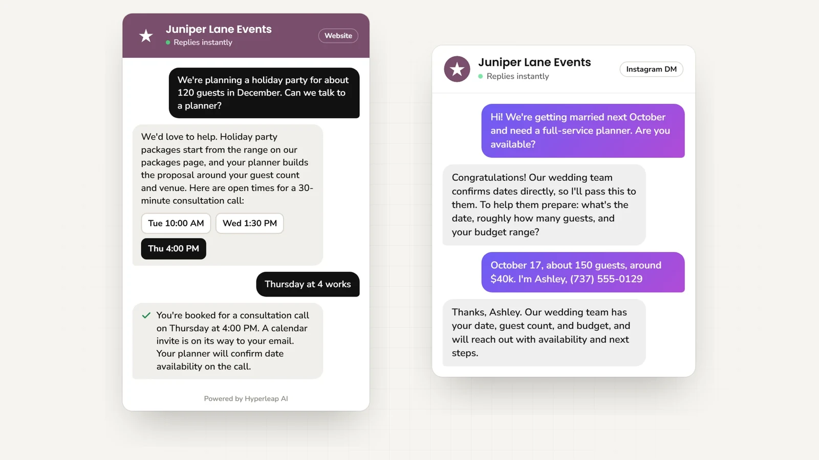 Two example conversations: on the website a client planning a corporate holiday party books a consultation call; on Instagram DM a couple asking about wedding planning shares their date, guest count, and budget and is routed to the wedding team