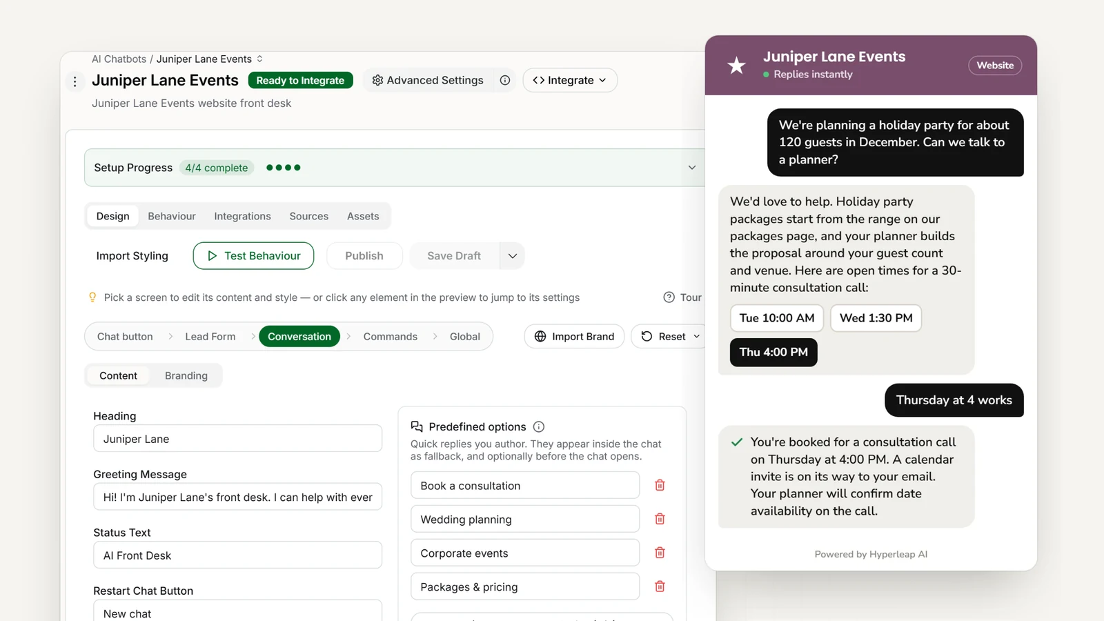 An event planner's AI front desk in Hyperleap AI: the editor with the planner's quick replies, and the website chat answering a holiday-party question and booking a consultation call