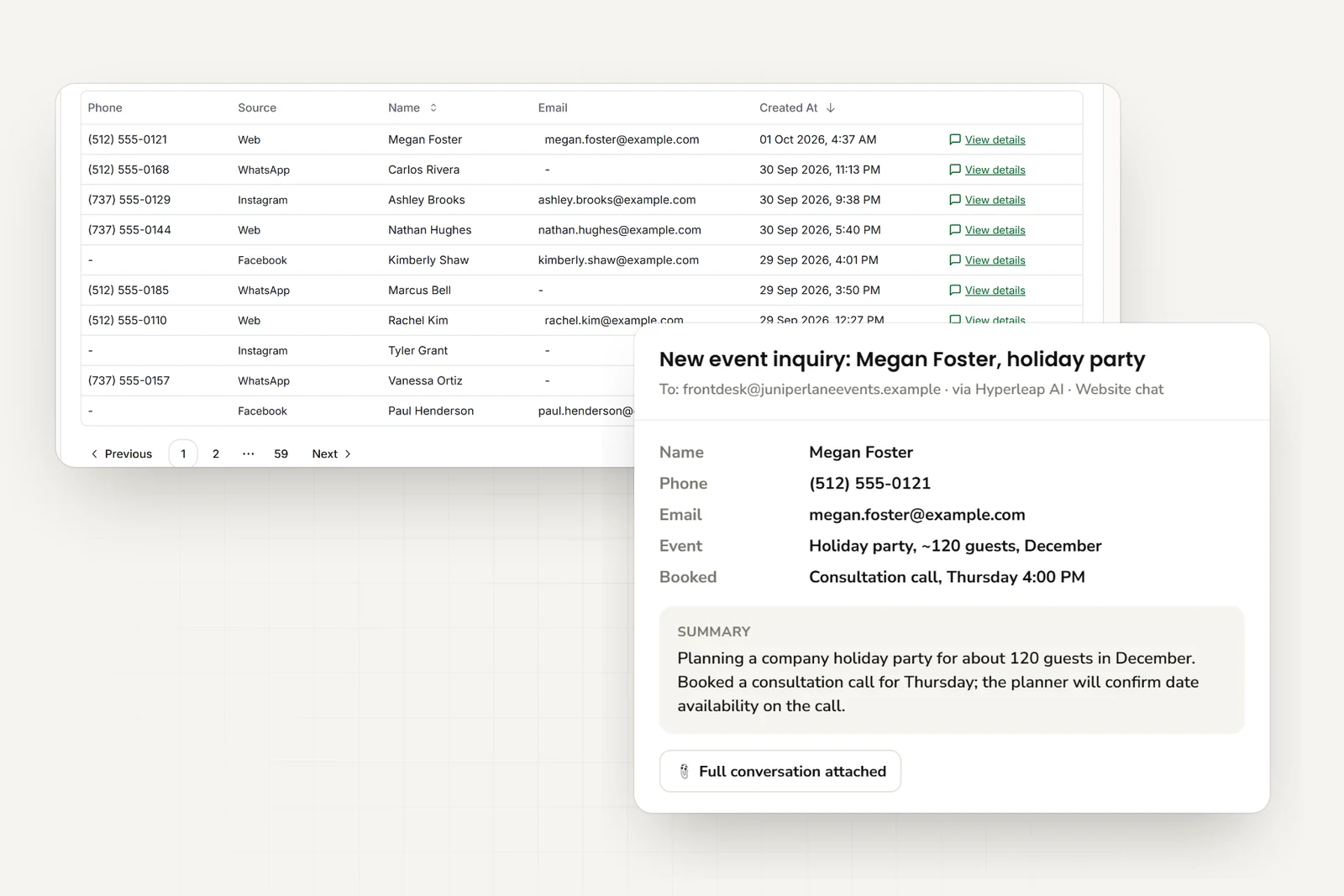 Event inquiries from website, WhatsApp, Instagram, and Facebook, and the email the planner receives with contact details, event type, booked consultation time, and a short summary