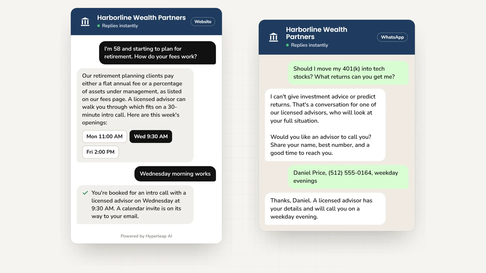 Two example conversations: on the website a prospect nearing retirement asks about fees and books an introductory call; on WhatsApp a prospect asking which investments will get the best returns is told the AI cannot give advice or predict returns, and is offered a call from a licensed advisor