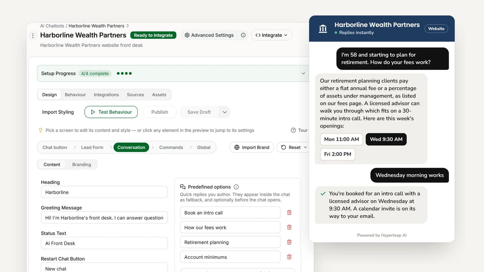 A financial advisory firm's AI front desk in Hyperleap AI: the editor with the firm's quick replies, and the website chat answering a question about fees and booking an introductory call with a licensed advisor