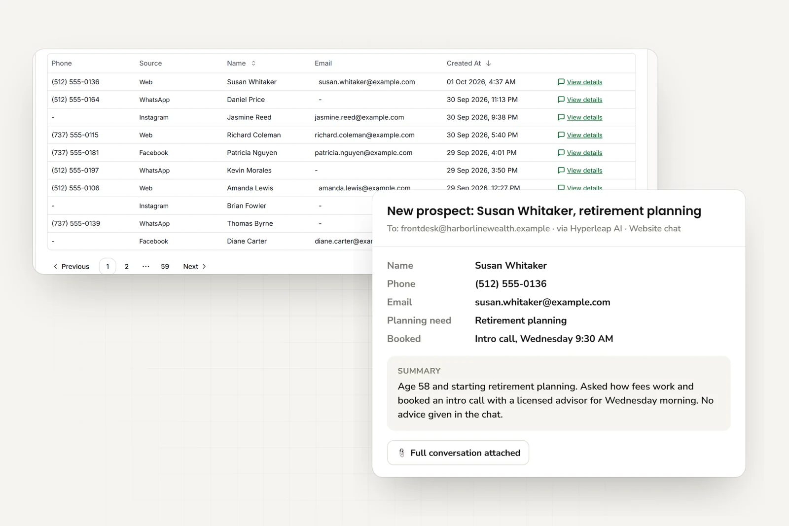 Prospect inquiries from website, WhatsApp, Instagram, and Facebook, and the email the advisor receives with contact details, planning need, booked call time, and a short summary