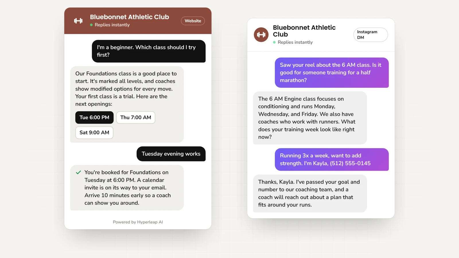 Two example conversations: on the website a prospect asks about beginner classes and books a trial class; on Instagram DM someone who saw a reel about the 6 AM class shares their fitness goal and contact details for a coach to follow up