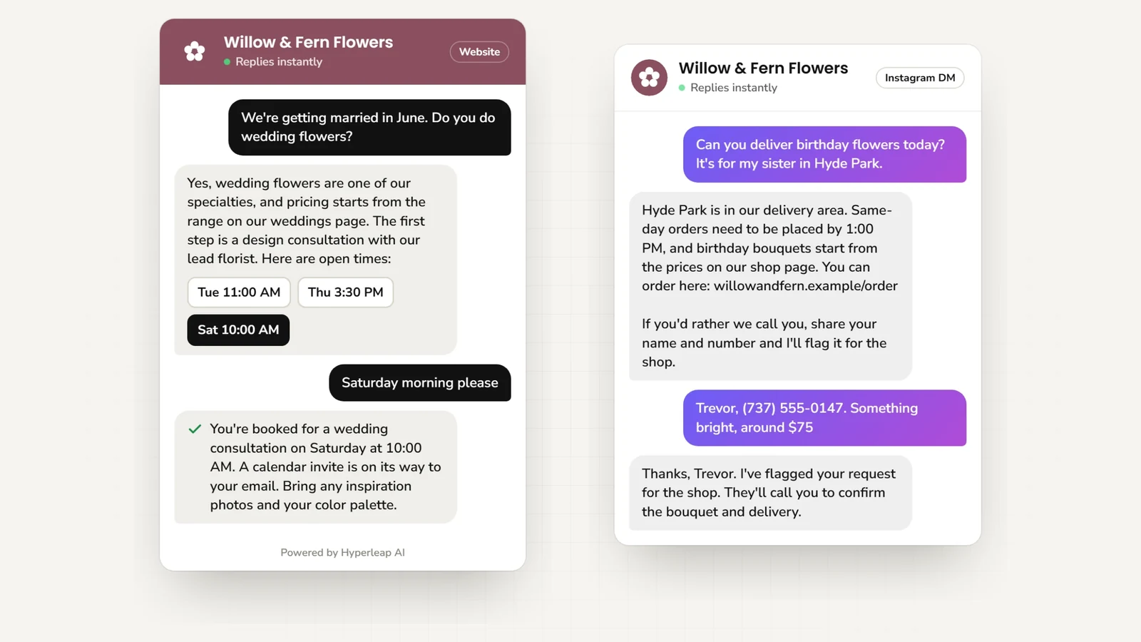 Two example conversations: on the website a couple asking about wedding flowers books a design consultation; on Instagram DM a customer asks for same-day birthday flowers, gets the cutoff, starting prices, and the order link, and the request is flagged for the shop to confirm