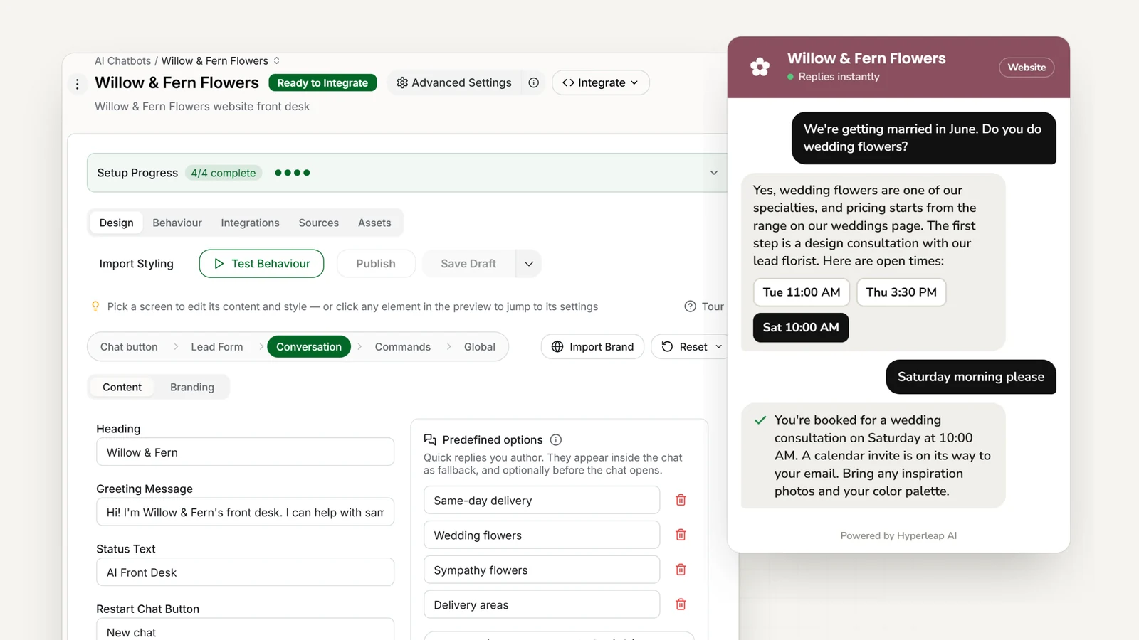 A flower shop's AI front desk in Hyperleap AI: the editor with the shop's quick replies, and the website chat answering a wedding-flowers question and booking a design consultation