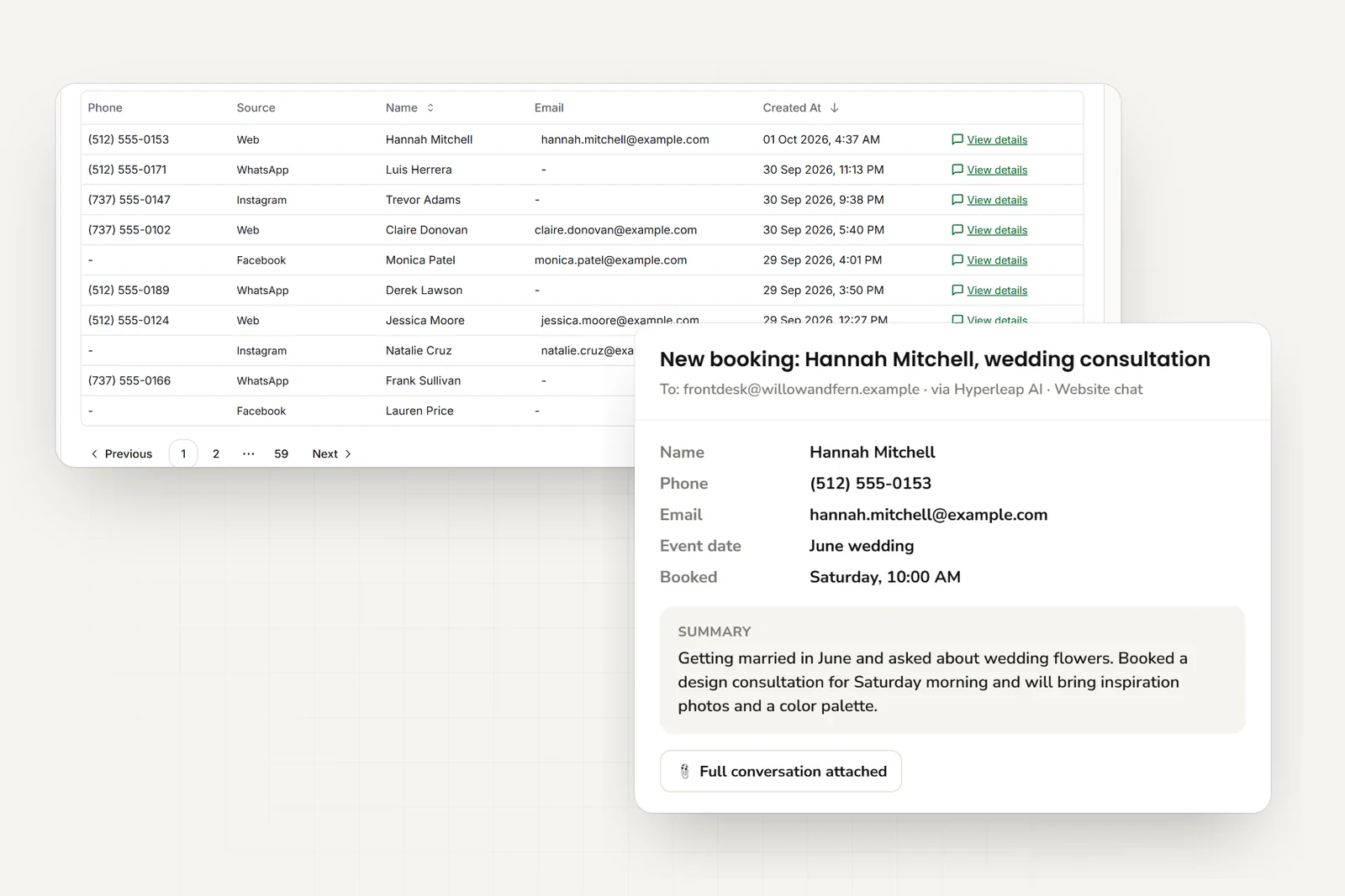 Customer inquiries from website, WhatsApp, Instagram, and Facebook, and the email the shop receives with contact details, event date, booked consultation time, and a short summary