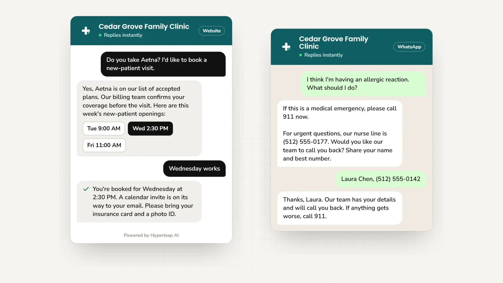 Two example conversations: on the website a patient asks about Aetna and books a new-patient visit; on WhatsApp a patient describing an allergic reaction is told to call 911 first, given the nurse line, and offered a call back