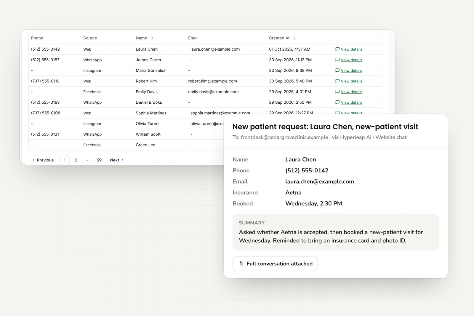 Patient inquiries from website, WhatsApp, Instagram, and Facebook, and the email the front desk receives with contact details, insurance, booked time, and a short summary
