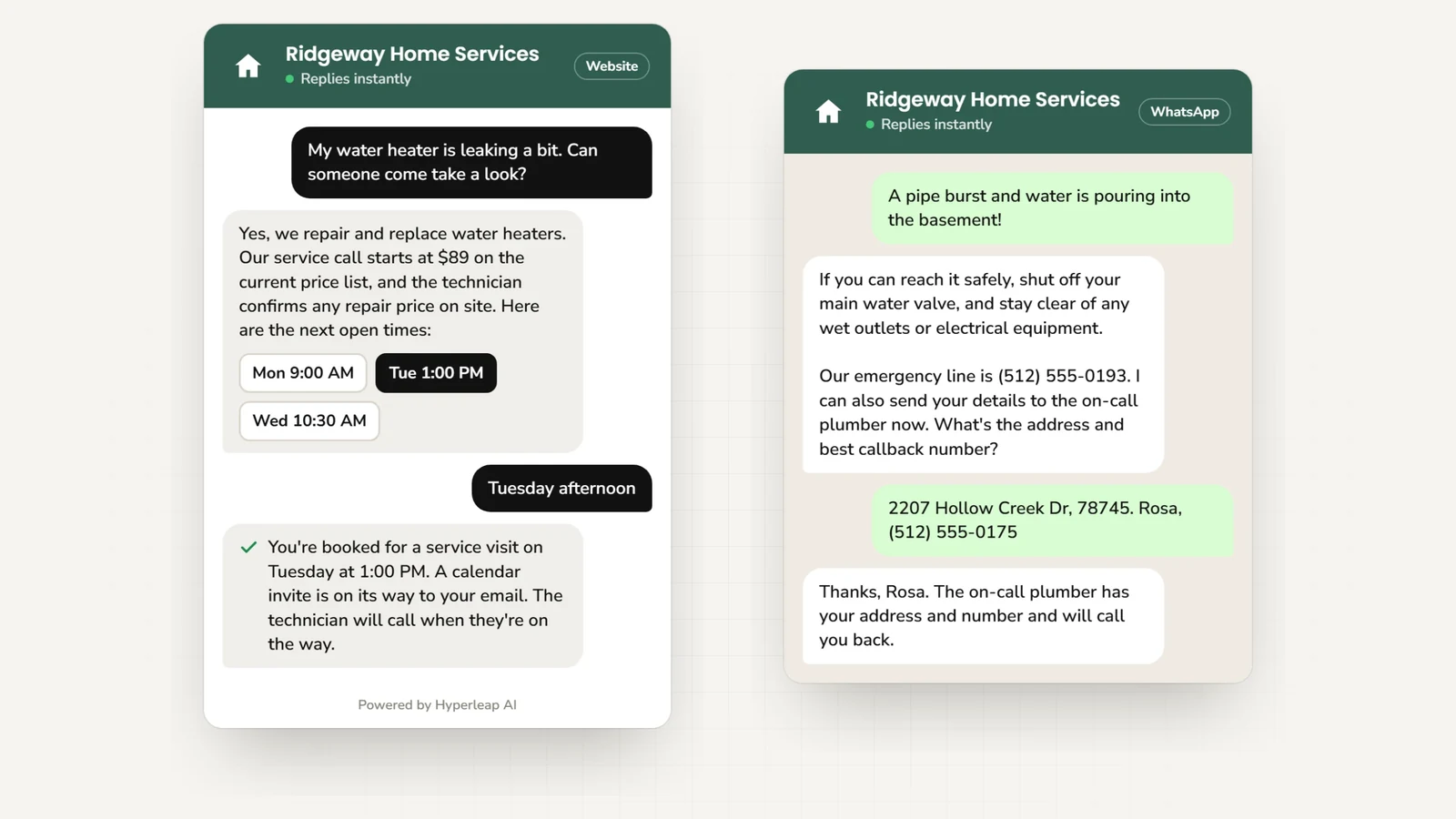 Two example conversations: on the website a homeowner with a leaking water heater asks about the service-call fee and books a visit; on WhatsApp a homeowner with a burst pipe is given the shut-off note and emergency line, and leaves an address and callback number for the on-call technician