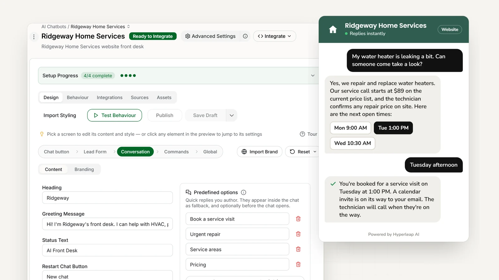 A home services company's AI front desk in Hyperleap AI: the editor with the company's quick replies, and the website chat answering a water-heater question and booking a service visit