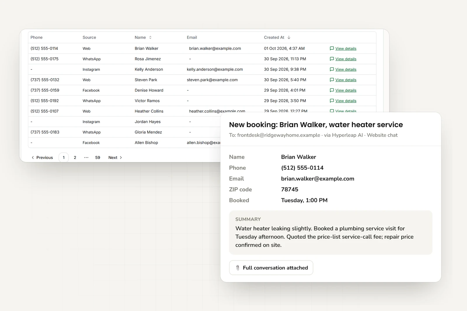 Service requests from website, WhatsApp, Instagram, and Facebook, and the email the office receives with contact details, the trade, booked visit time, and a short summary of the issue