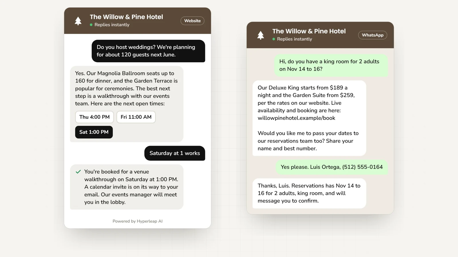 Two example conversations: on the website a couple asks about hosting their wedding and books a venue walkthrough; on WhatsApp a guest asks about a room for two nights, gets the room types and starting rates, the booking link, and has their dates passed to the reservations team