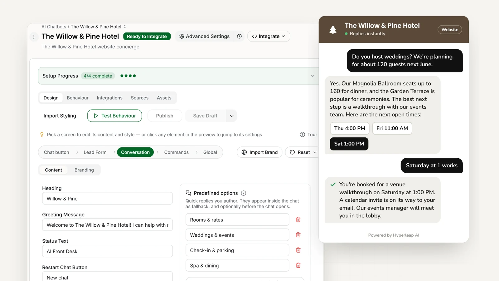 A hotel's AI front desk in Hyperleap AI: the editor with the hotel's quick replies, and the website chat answering a wedding-venue question and booking a venue walkthrough with the events team