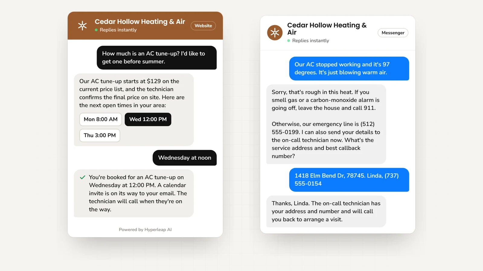 Two example conversations: on the website a homeowner asks about an AC tune-up and books a visit; on Messenger a homeowner whose AC stopped in the heat gets the emergency number and safety note first, then leaves the address and callback number for the on-call technician