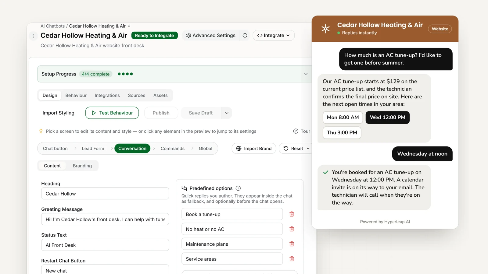 An HVAC contractor's AI front desk in Hyperleap AI: the editor with the company's quick replies, and the website chat answering an AC tune-up question and booking the visit