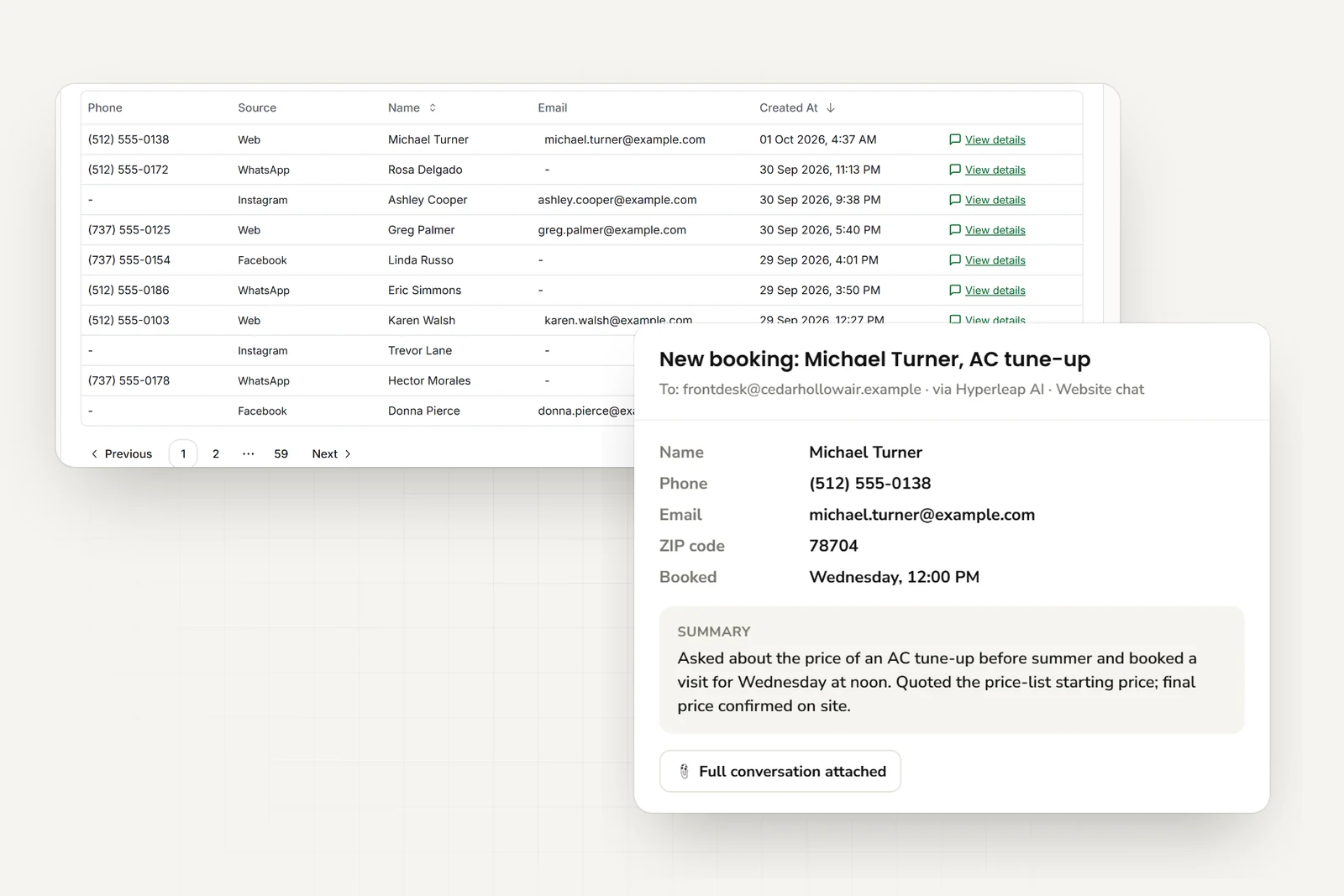 Service requests from website, WhatsApp, Instagram, and Facebook, and the email the office receives with contact details, service address, system type, booked visit time, and a short summary