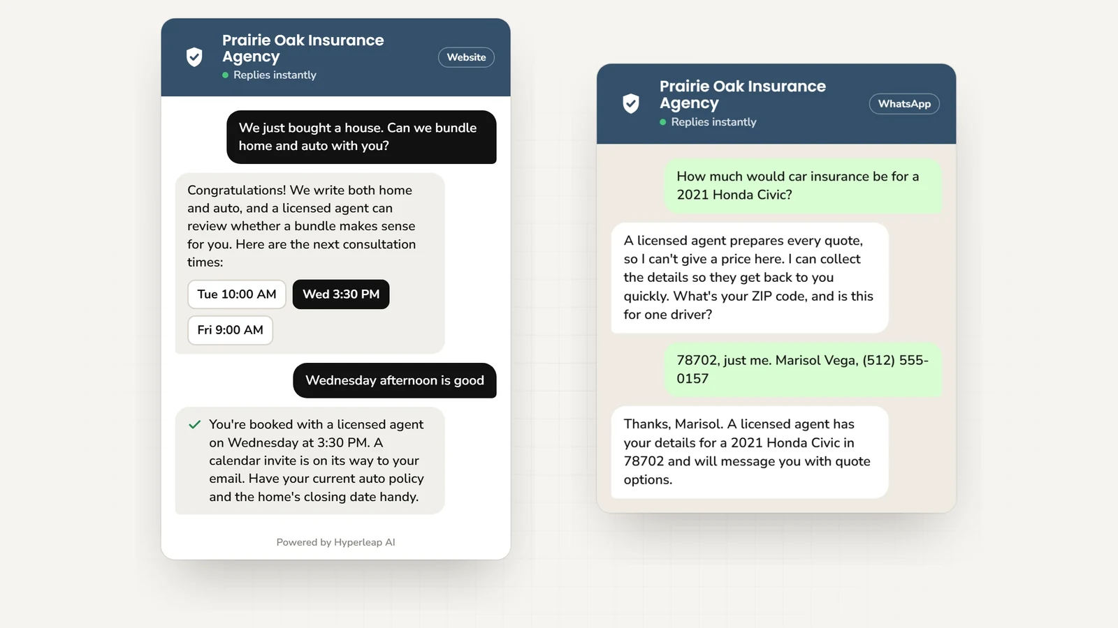 Two example conversations: on the website a new homeowner asks about bundling home and auto and books a consultation with a licensed agent; on WhatsApp a driver asks how much auto insurance costs, is told a licensed agent prepares every quote, and shares their ZIP code, vehicle, and contact details for the agent