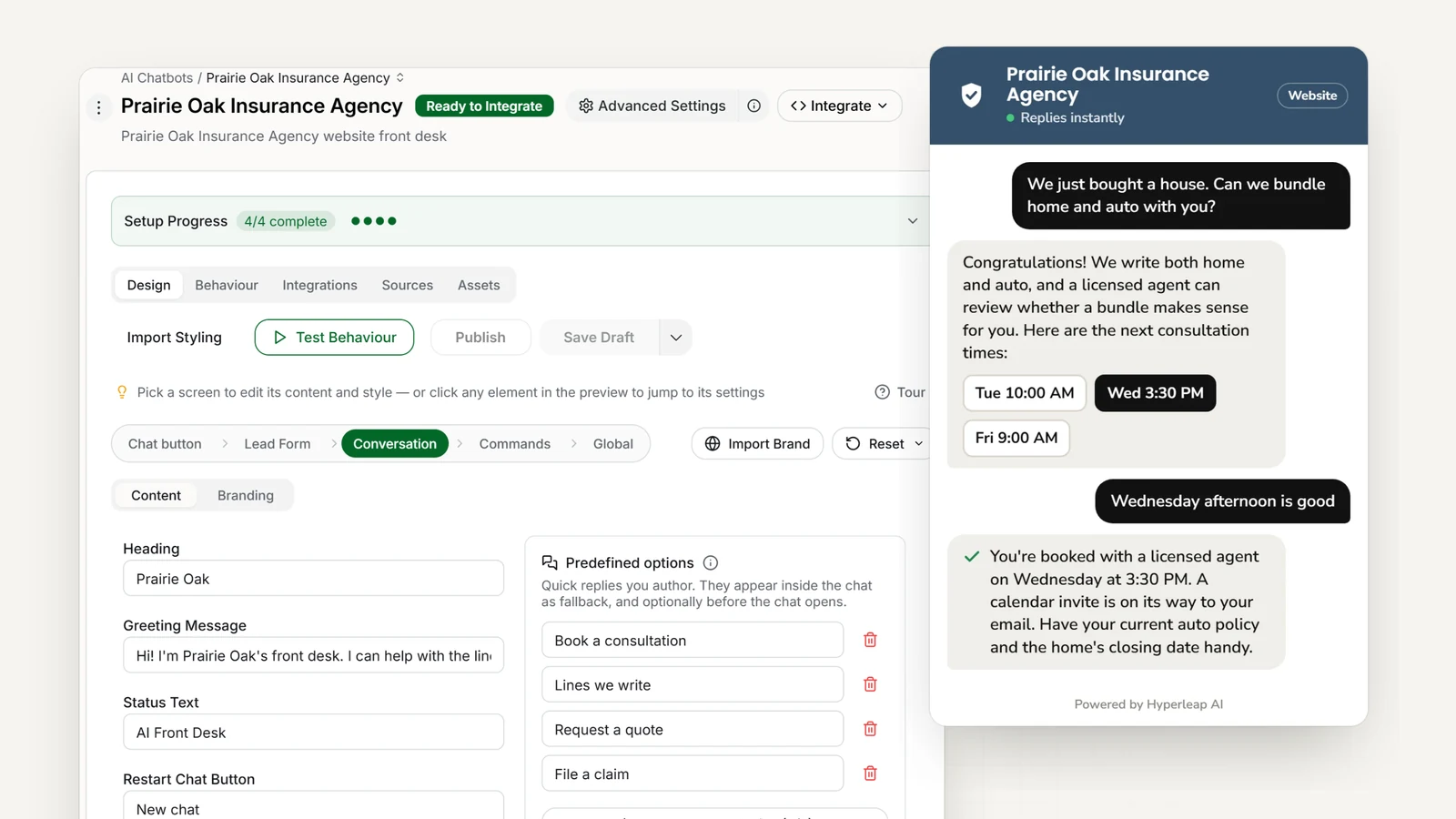 An insurance agency's AI front desk in Hyperleap AI: the editor with the agency's quick replies, and the website chat answering a home-and-auto bundling question and booking a consultation with a licensed agent