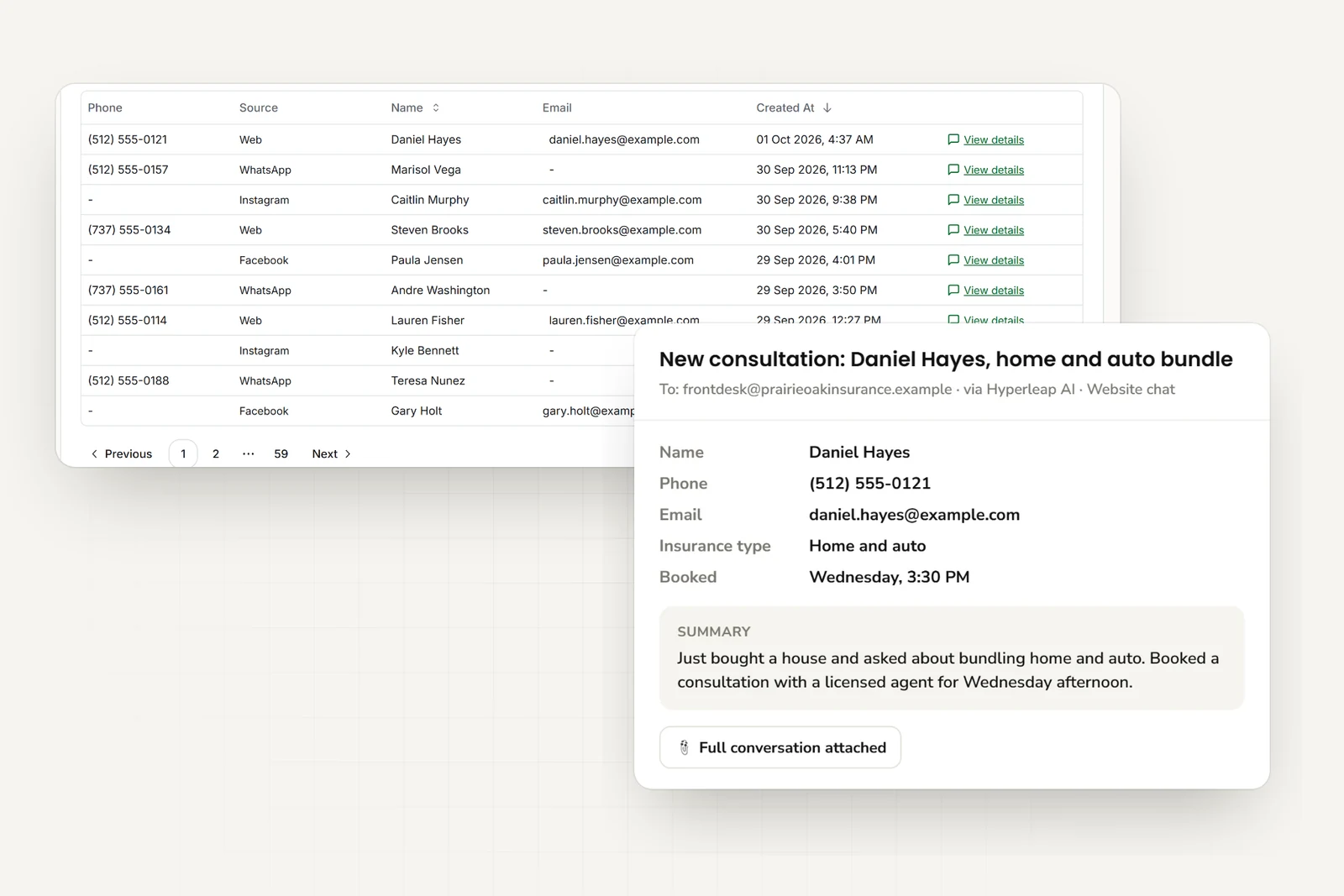 Insurance inquiries from website, WhatsApp, Instagram, and Facebook, and the email the agency receives with contact details, insurance line, booked consultation time, and a short summary