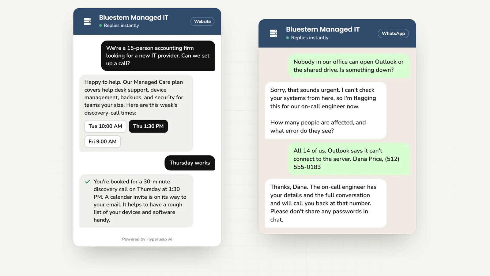 Two example conversations: on the website a 15-person firm asks about managed IT and books a discovery call; on WhatsApp a client reports that the whole office can't reach email, and the AI flags it for the on-call engineer and takes a callback number