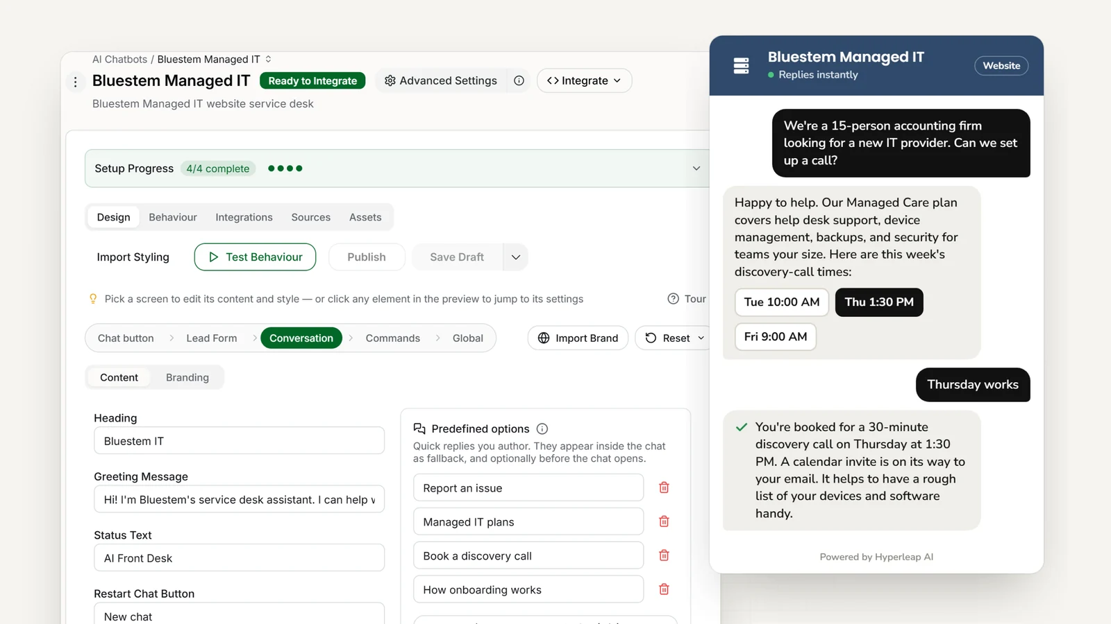 An MSP's AI service desk in Hyperleap AI: the editor with the MSP's quick replies, and the website chat answering a question about managed IT plans and booking a discovery call