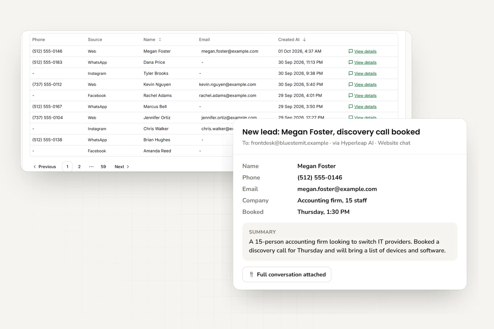 Client requests from website, WhatsApp, Instagram, and Facebook in one list, and the email the service desk receives with contact details, company and team size, booked call time, and a short summary