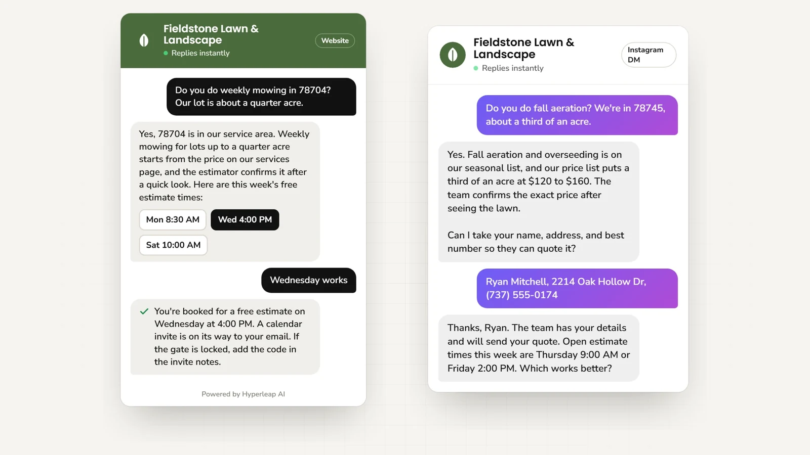 Two example conversations: on the website a homeowner checks the service area for weekly mowing and books a free estimate; on Instagram DM a homeowner asks about fall aeration, gets the price-list range, and shares an address for a quote