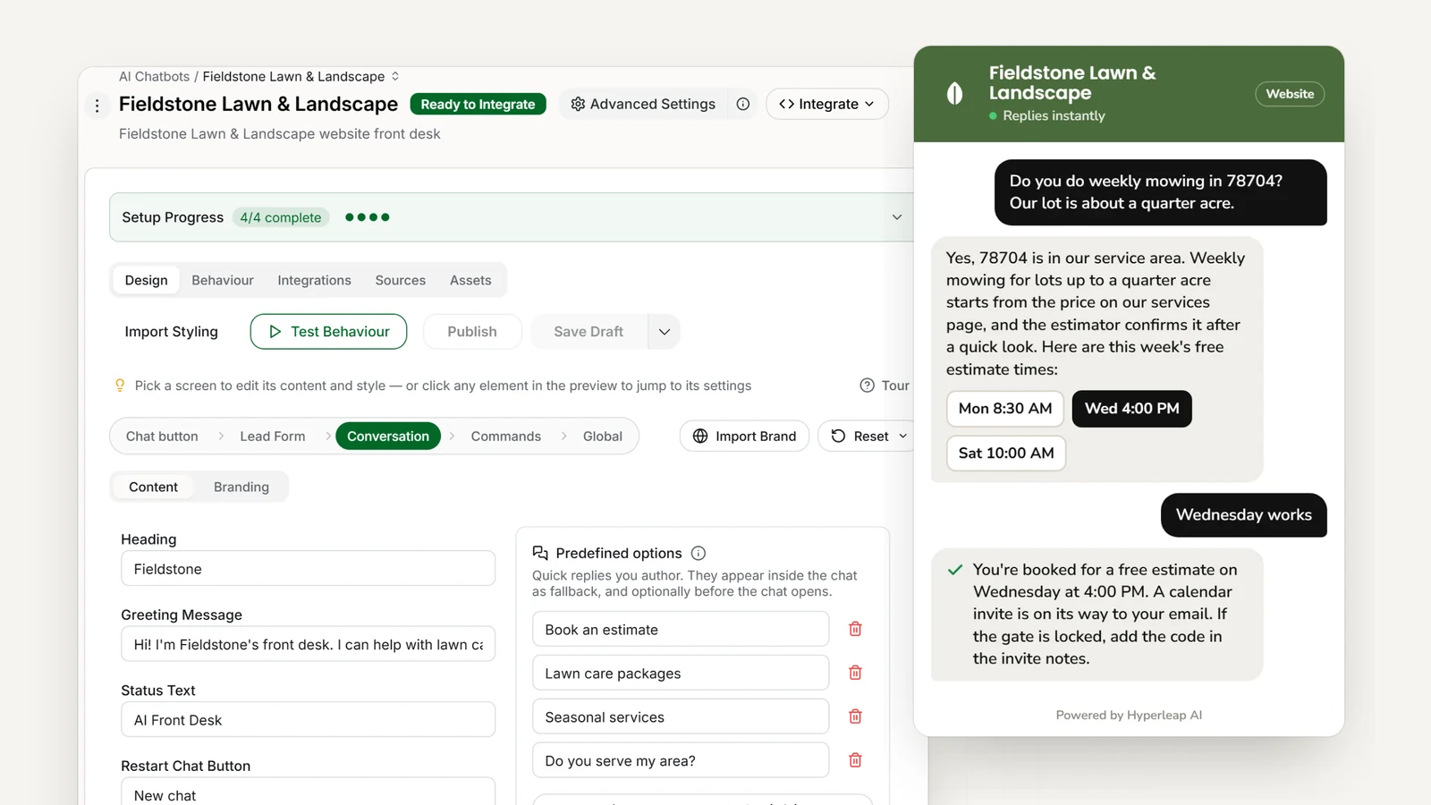 A landscaping company's AI front desk in Hyperleap AI: the editor with the company's quick replies, and the website chat confirming the service area for weekly mowing and booking a free estimate