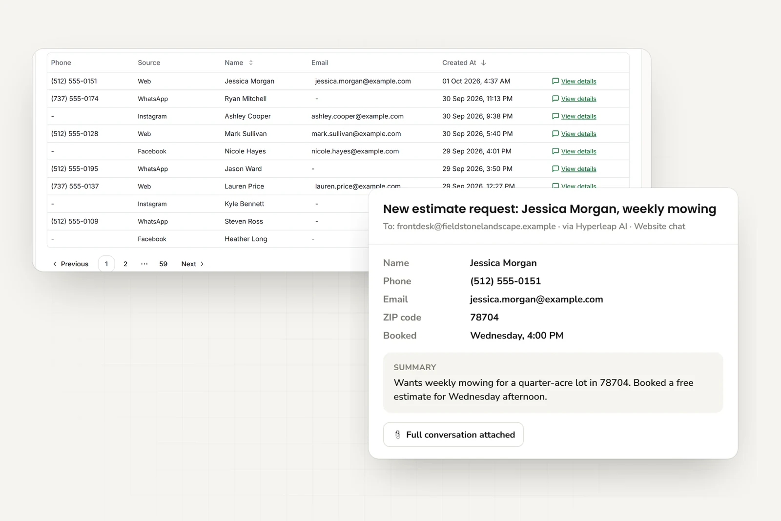 Estimate requests from website, WhatsApp, Instagram, and Facebook in one list, and the email the team receives with contact details, ZIP code, booked estimate time, and a short summary