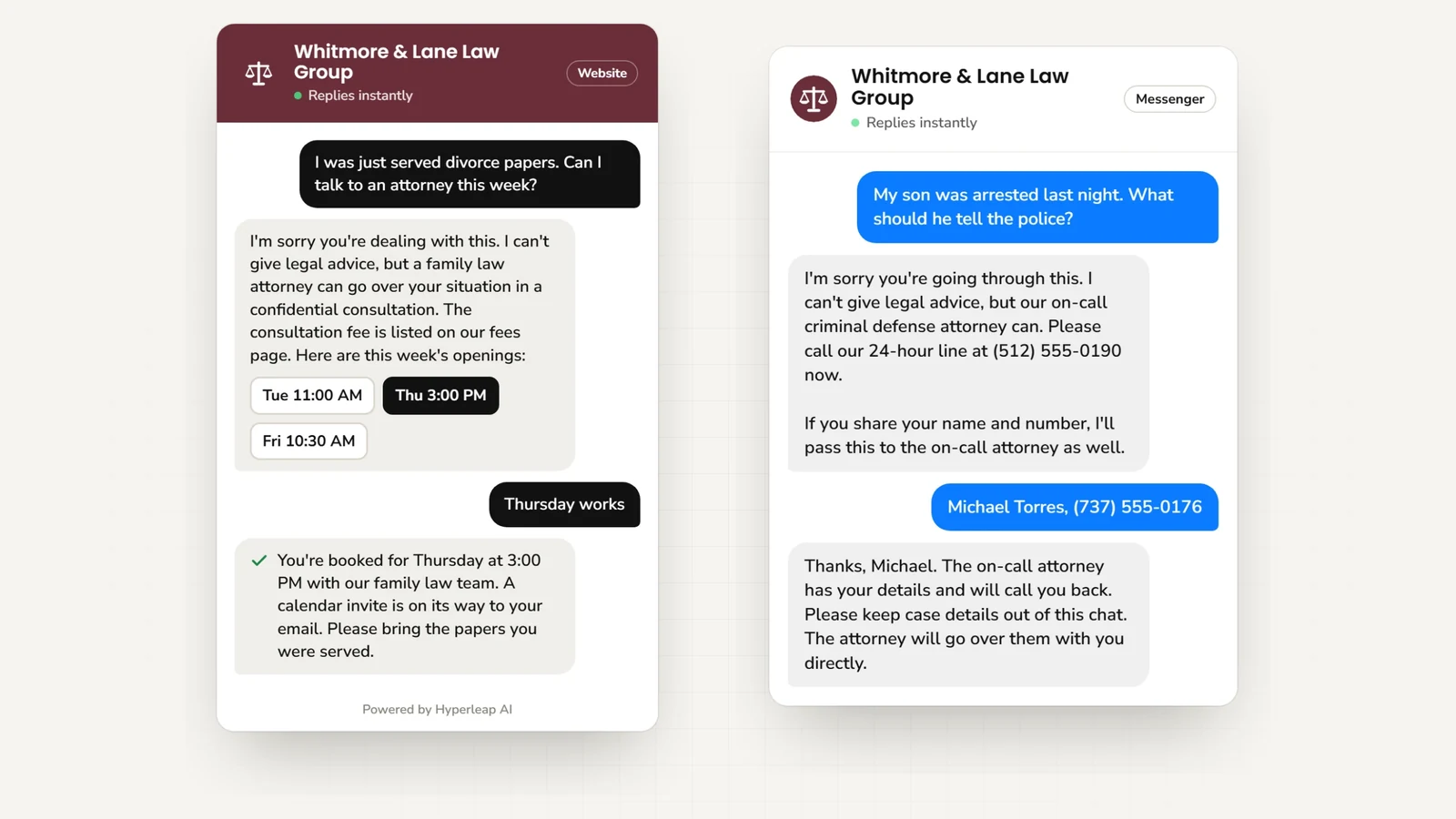 Two example conversations: on the website a person served with divorce papers books a family law consultation; on Messenger a parent whose son was arrested is told the AI can't give legal advice, given the firm's 24-hour line, and routed to the on-call attorney