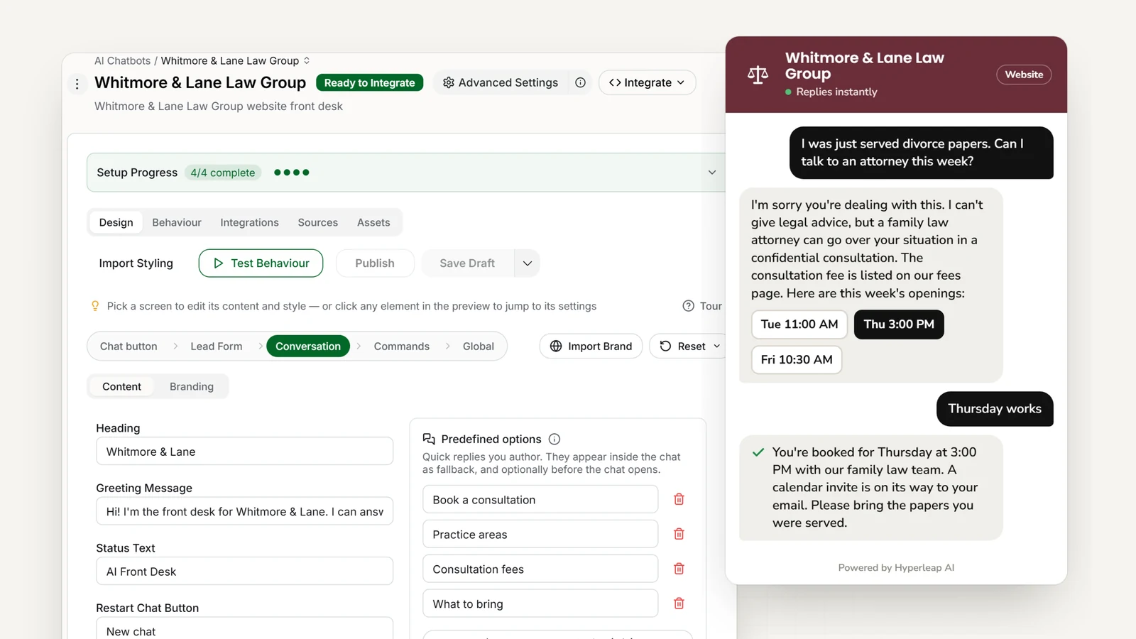 A law firm's AI front desk in Hyperleap AI: the editor with the firm's quick replies, and the website chat telling a prospective client it can't give legal advice and booking a family law consultation