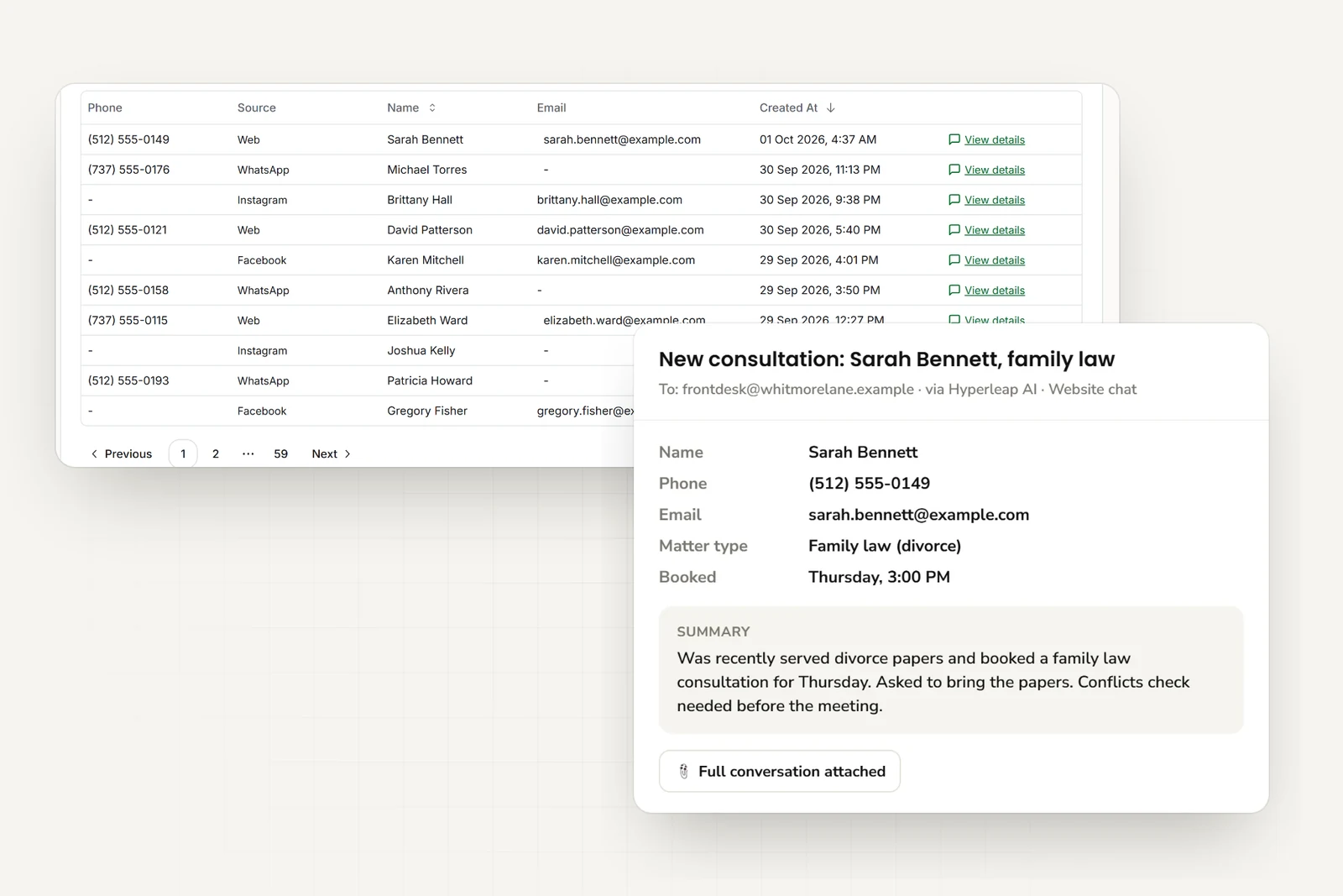 Prospective-client inquiries from website, WhatsApp, Instagram, and Facebook in one list, and the email the firm receives with contact details, matter type, booked consultation time, and a short summary