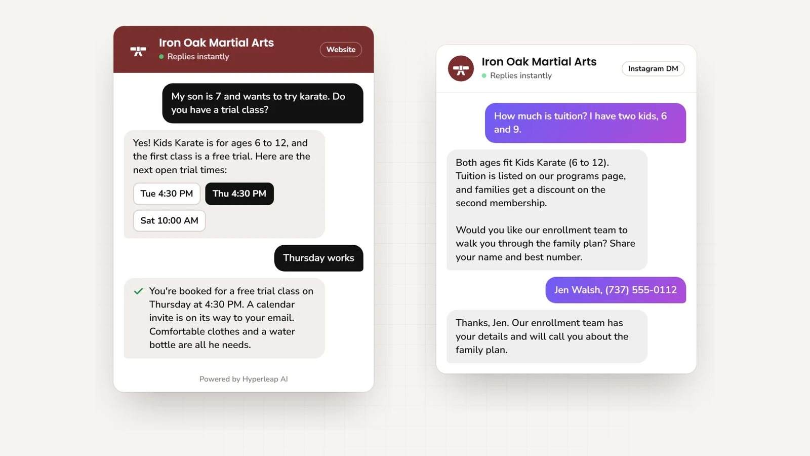 Two example conversations: on the website a parent asks about a kids karate class for a seven-year-old and books a free trial; on Instagram DM a parent asks about tuition for two children, gets the family-plan pricing, and leaves a name and number for the enrollment team
