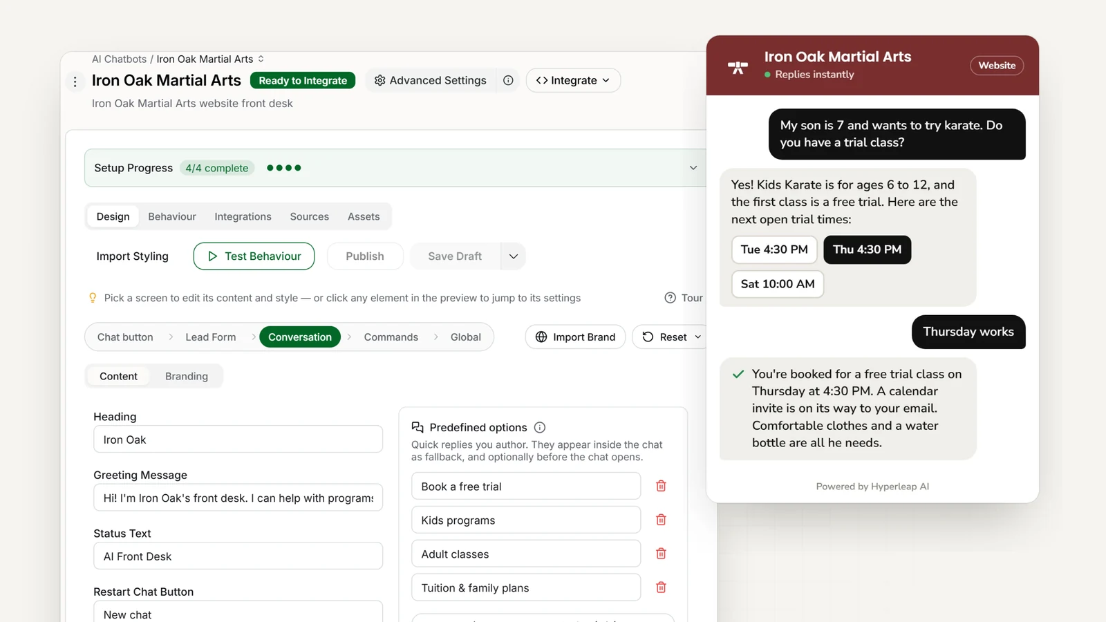 A martial arts school's AI front desk in Hyperleap AI: the editor with the school's quick replies, and the website chat answering a kids-program question and booking a trial class