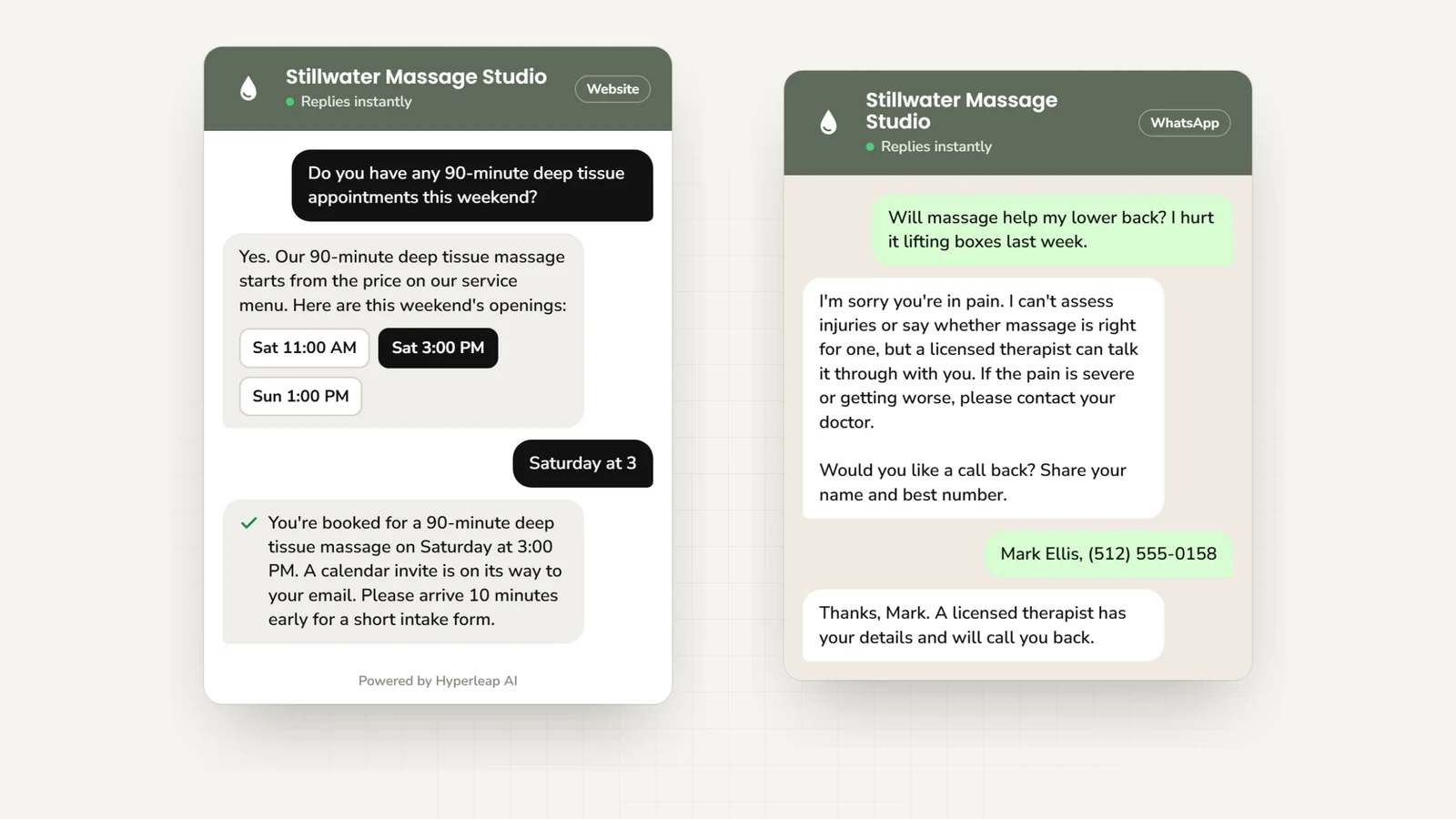 Two example conversations: on the website a client asks about a 90-minute deep tissue massage and books a Saturday session; on WhatsApp a client asks whether massage will help their back pain, is told the AI can't assess that, and leaves a number for a licensed therapist to call back