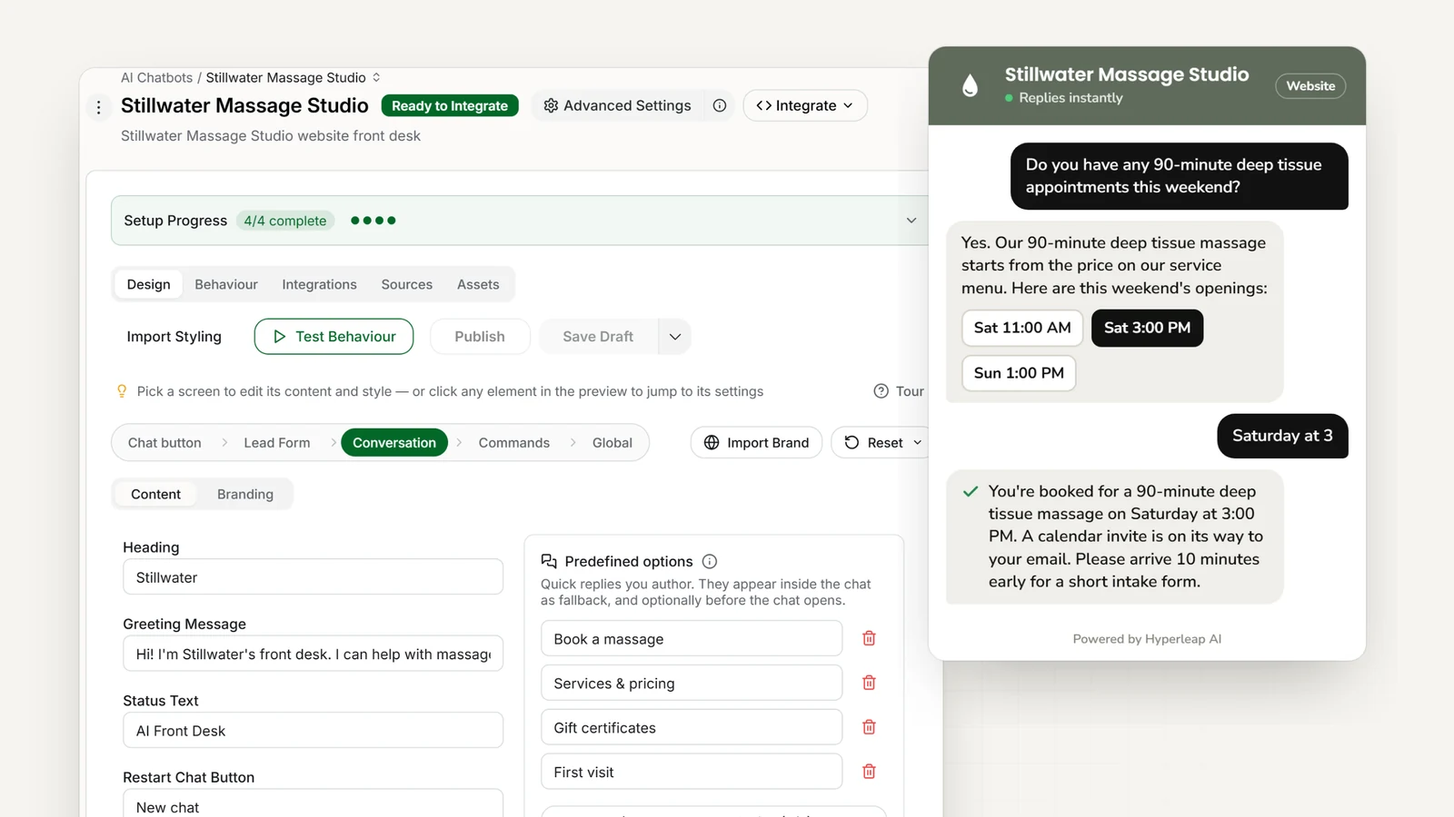 A massage therapy practice's AI front desk in Hyperleap AI: the editor with the practice's quick replies, and the website chat answering a deep-tissue pricing question and booking a 90-minute session