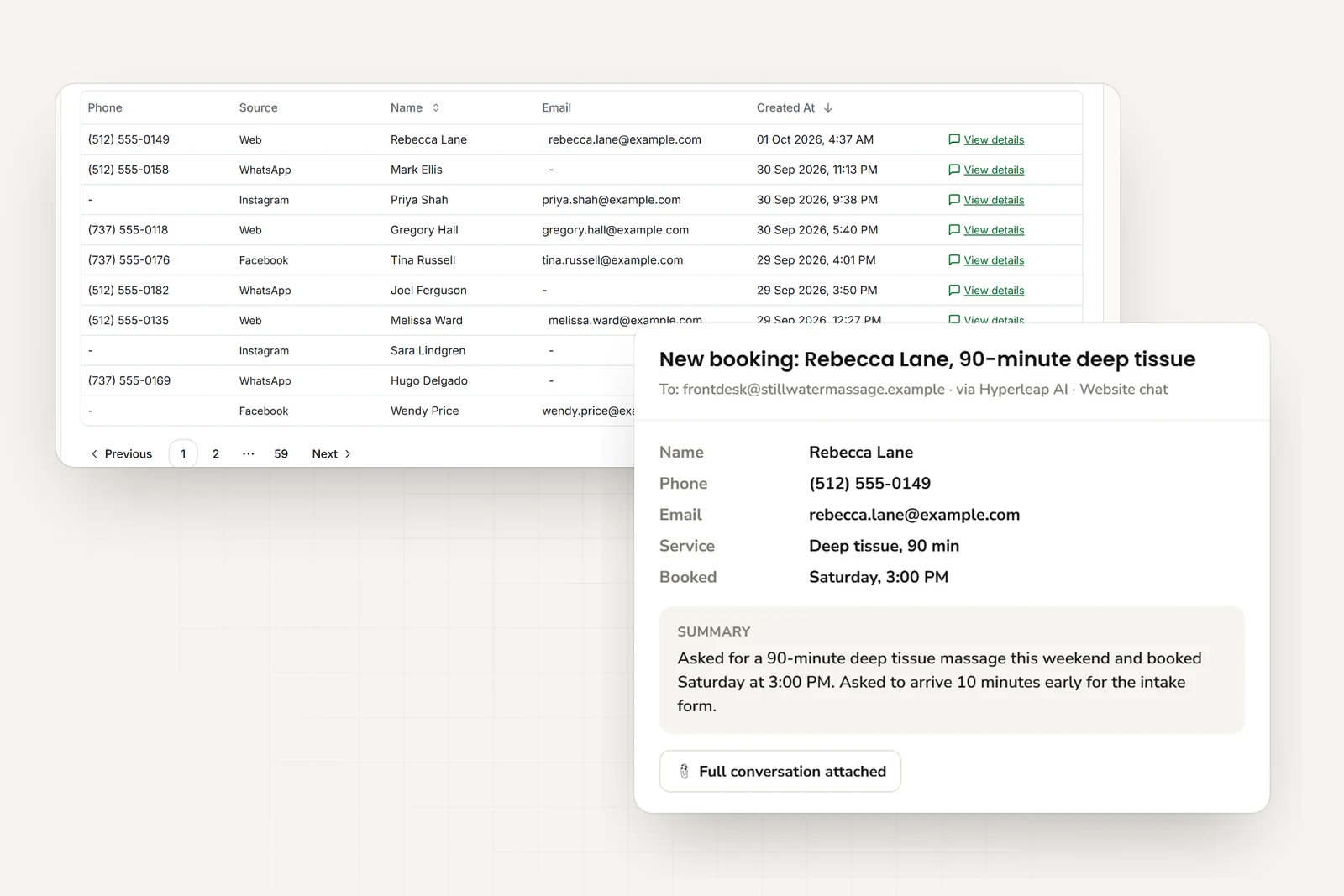 Client inquiries from website, WhatsApp, Instagram, and Facebook, and the email the practice receives with contact details, the requested service, booked time, and a short summary