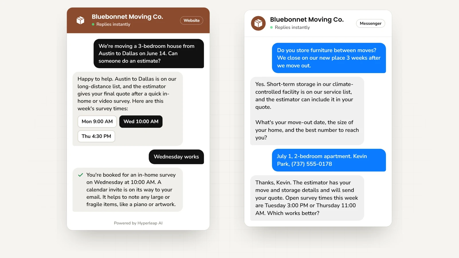 Two example conversations: on the website a customer moving a 3-bedroom house from Austin to Dallas books an in-home survey; on Messenger a customer asks about storage between moves and shares the move date, home size, and phone number for a quote