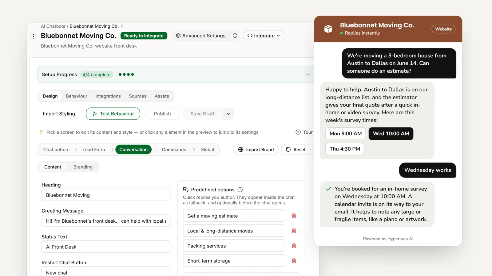A moving company's AI front desk in Hyperleap AI: the editor with the company's quick replies, and the website chat answering a long-distance move question and booking an in-home survey